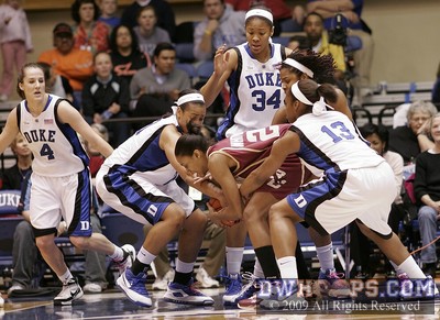 Four Duke players swarm Lauren Whitehurst. -  - D4.D21.D34.D31.D13.O25;