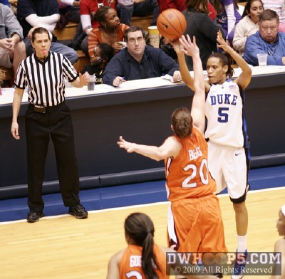 Jasmine Thomas nails a three over Lindsay Biggs -  - 