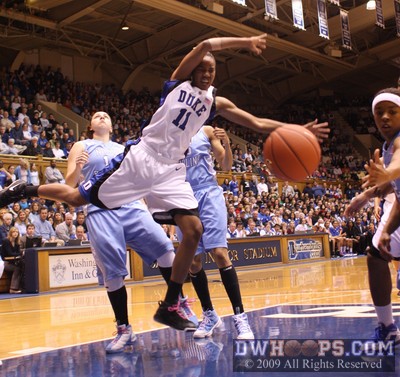 Chante Black sprawls after being fouled by UNC's Heather Claytor.  Black converted the second to put Duke back in front. -  - O14.D11;1,14:39,10-9