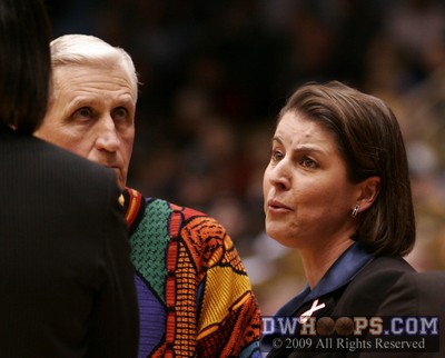 Duke assistant coach Al Brown and Joanne P. McCallie discuss strategy as UNC has cut Duke's once 10 point lead to just three -  - 