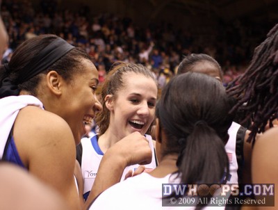 Joy Cheek and Abby Waner in one last Duke postgame huddle in Cameron -  - 