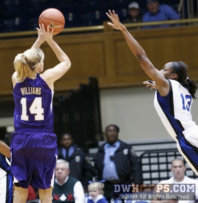 Sarah Williams hits a three for JMU -  - O14;1,8:23,30-20