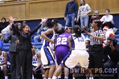 Duke coach Joanne P. McCallie gestures to her players trapping Tarik Hislop (who called a time out just in time) -  - 