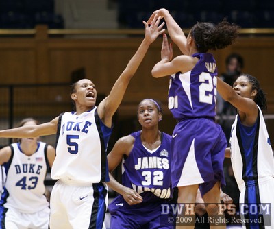 Dawn Evans nails a three pointer over Jasmine Thomas to cut Duke's lead to 12.  Evans dropped 31 points to finish 6-13 from (often way) behind the arc. -  - D5,O23;2,4:40,72-60