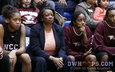 NCCU Head Coach Joli D. Robinson on the bench during a decidedly tough night -  - 