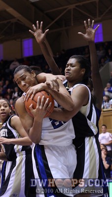 Joy Cheek wrests the ball from a Wake player -  - 
