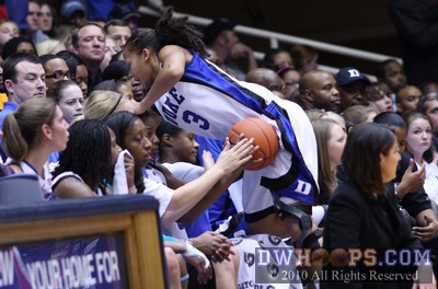 Shay Selby falls into the Duke bench after a wayward Blue Devil inbounds pass -  - 