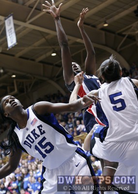 Tiffany Hayes scores over Bridgette Mitchell and Jasmine Thomas -  - 