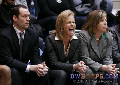 Flanked by assistants Lance White and Cori Close, FSU Head Coach Sue Semrau shouts instructions to her team during Duke's 20-2 opening blitz -  - 