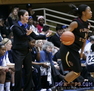 Duke Head Coach Joanne P. McCallie exhorts a Duke defense that held FSU to a season-low 13 first half points -  - 
