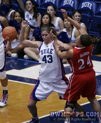 Lucy Ellison absorbs an inadvertant elbow from Duke's Allison Vernerey. Ellison would leave the game but return later. -  - 
