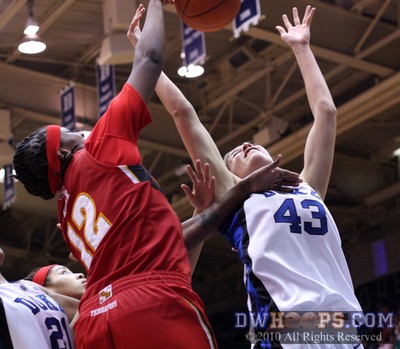 Lynetta Kizer battles Allison Vernerey (43) for a rebound -  - 