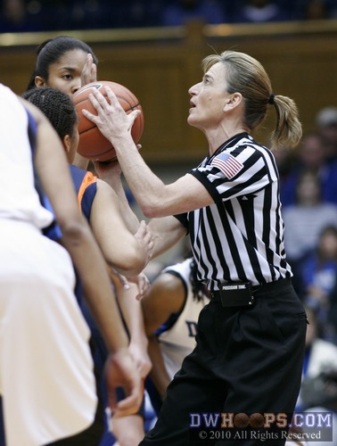 Dee Kantner readies the toss as Duke's Krystal Thomas looks over the basketball -  - 