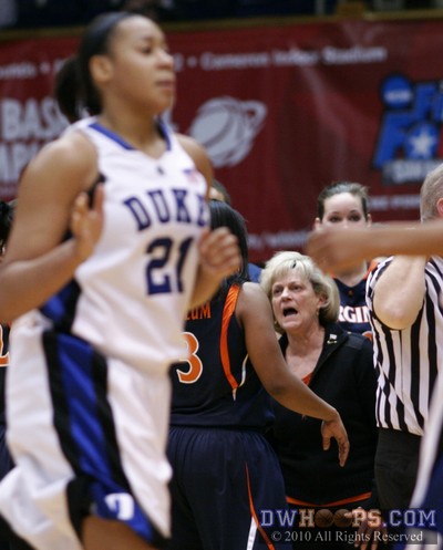 Debbie Ryan gives an earful to Paulisha Kellum during the beginning of a Cavalier time out -  - 