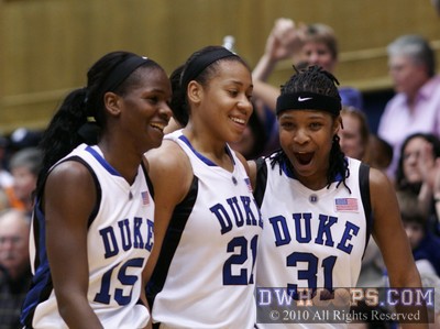 Seniors Bridgette Mitchell, Joy Cheek, and Keturah Jackson leave the Cameron floor together -  - 