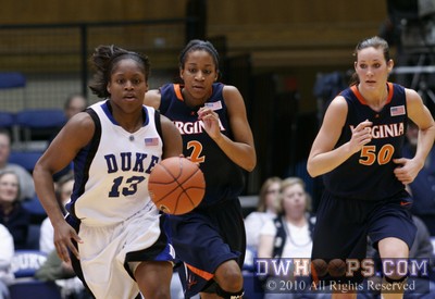 Karima Christmas starts a Duke fast break as Whitny Edwards and Chelsea Shine give chase -  - 