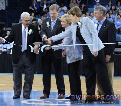 UNC Chancellor Holden Tharp and Governor Beverly Perdue cut a ribbon symbolizing the "new" Carmichael Auditorium -  - 