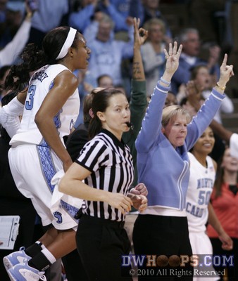 Trinity Bursey jumps high in the air as Sylvia Hatchell celebrates a Tar Heel three pointer -  - 