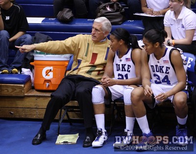 Duke assistant Al Brown working on the bench with Joy Cheek and Krystal Thomas -  - 