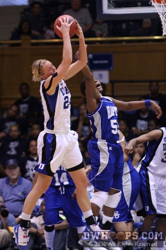 Breanna Jones (right) gets the arm of Kathleen Scheer on a Duke defensive board -  - 