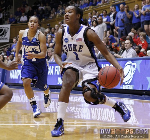 Duke's Chelsea Hopkins reverses her dribble as Bernadette Fortune closes in -  - 