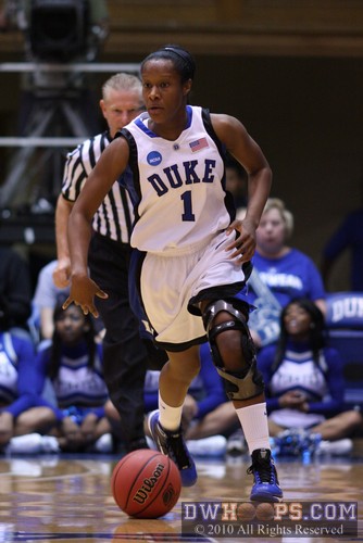 Chelsea Hopkins running the Duke break, captured just at the right moment in the dribble to look rather odd -  - 