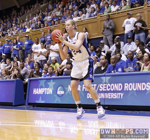 Kathleen Scheer pops a three from the corner for the 40-14 Blue Devil halftime margin -  - 