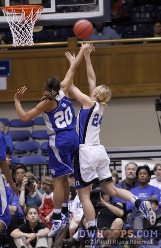 Kathleen Scheer (24, right) gets her shot blocked by Laura Lewis (20) -  - 
