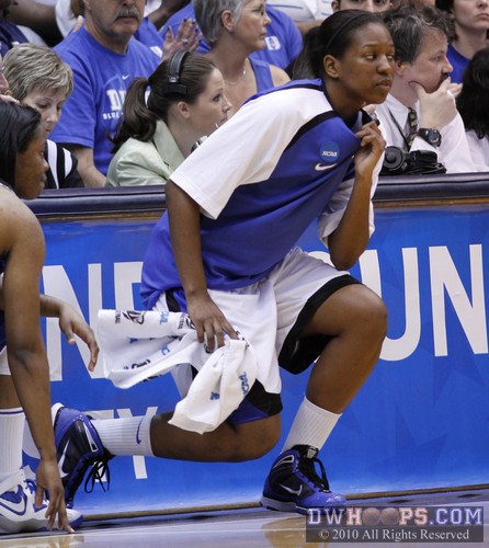 A pair of Rogers - Alexis Rogers ready to enter the game for Duke; the ACC's Lindsey Rogers in green behind her. -  - 