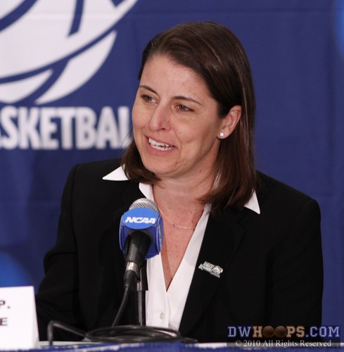 Duke Head Coach Joanne P. McCallie in the interview room answering a question from DWHoops Senior Editor Rob Clough -  - 