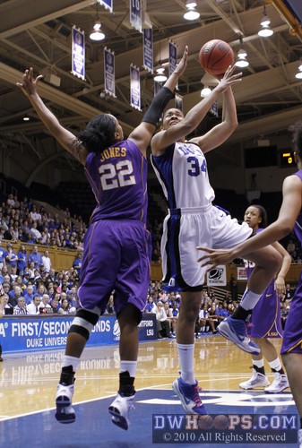 Krystal Thomas drew first blood for Duke, scoring over Courtney Jones -  - 