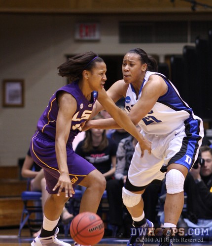 Tough defense came from all quarters including Duke's Joy Cheek all over the dribble of Lasondra Barrett -  - 