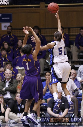 Jasmine Thomas scores on a layup, cutting the Duke deficit to two and allowing the Blue Devil press to set. -  - 