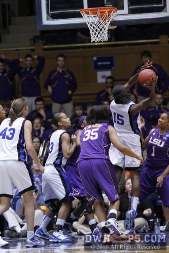 Bridgette Mitchell got the carom and layed it in with five seconds left in the half, resulting in a 25-25 knot at the break. -  - 