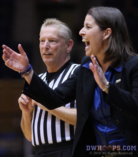 Coach McCallie reacts to a Krystal Thomas free throw rattling home, interrupting her conversation with official Joe Cunningham -  - 