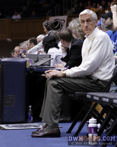 While Duke is huddling on the floor assistant Al Brown looks up to the clock, making sure of time, score, and foul situations. -  - 