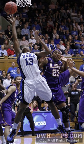 Allison Hightower fouled Karima Christmas in the act, the three point play turned a deficit into a one point Blue Devil lead. -  - 