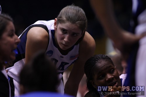 A concerned Allison Vernerey (center) and a thoughful Bridgette Mitchell (bottom right) in the Duke huddle, Devils up one but LSU going to the stripe -  - 