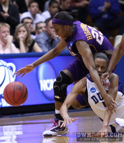 Duke's Jasmine Thomas (prone) fouls LSU's Allison Hightower -  - 