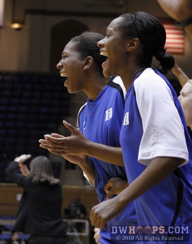 Exuberance from Alexis Rogers and Chelsea Hopkins (right) as Duke calls time out -  - 