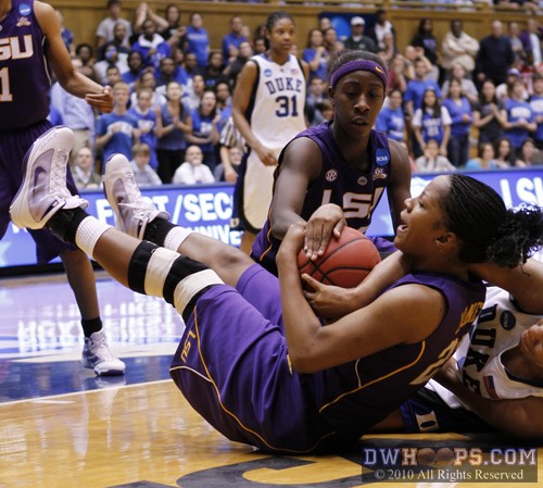 Destiny Hughes gets an LSU time out after a Christmas miscue led to her held ball steal.  Duke still up five, :48 left. -  - 