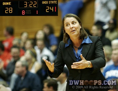 Duke head coach Joanne P. McCallie is not happy about the disparity in first half fouls (inset) -  - 