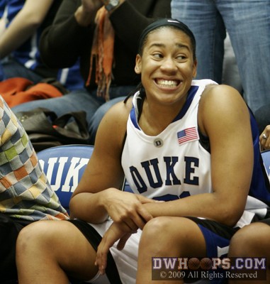A happy Joy Cheek on the Duke bench -  - 