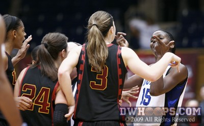 A weird moment with about 30 second left, Bridgette Mitchell somehow in the USC huddle with some talk going on. -  - 