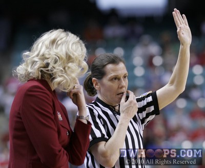 NC State Head Coach Kellie Harper discusses the call with referee Sue Blauch -  - 