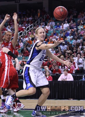 Duke's Kathleen Scheer tries in vain to save the basketball from going out of bounds -  - 