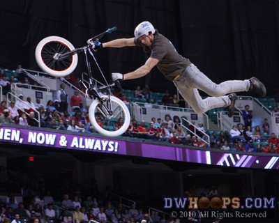 A team of high flying BMX cyclists entertained the crowd at halftime, including this "Superman" trick -  - 