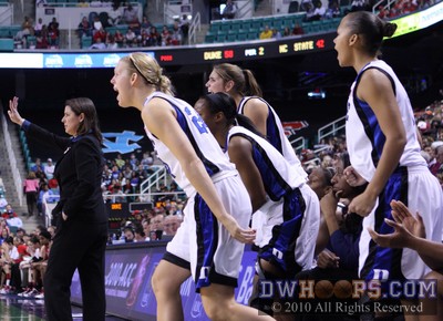 The Duke bench erupts after a three pointer by Karima Christmas -  - 