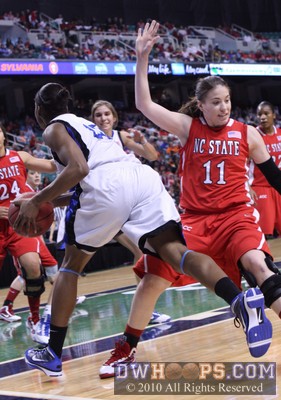 Emili Tasler trips Duke's Karima Christmas on the baseline -  - 