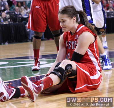 Emili Tasler sits on the floor after committing a foul, knowing that in all likelihood the dream NC State run was ending. -  - 